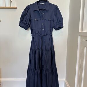 Derek Lam 10 Crosby Buffy Tiered Midi Dress - Size 12 in Navy